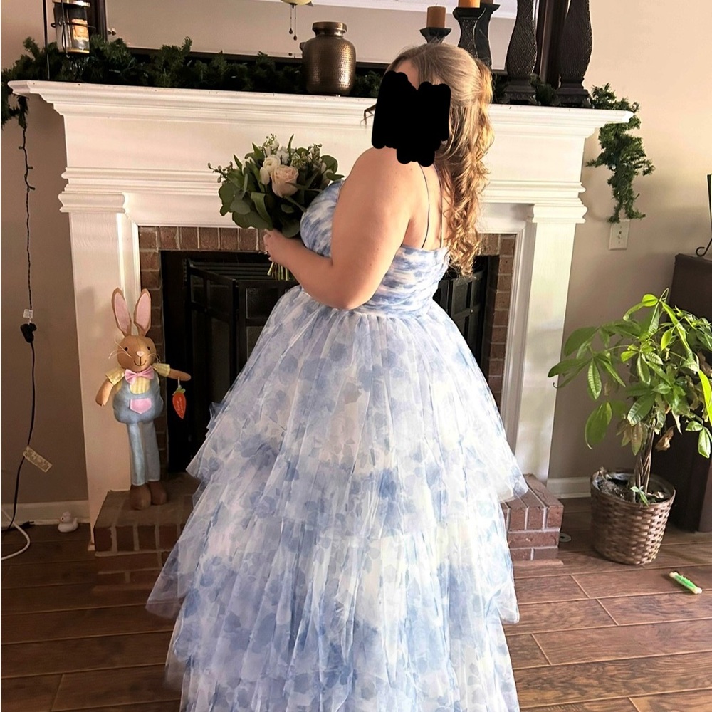 Light Blue Floral Tiered Prom Gown - Strapless Tulle Dress
